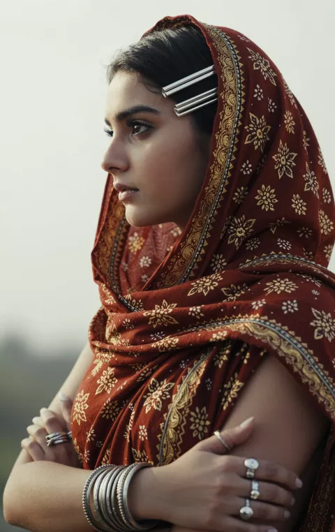 Cinematic editorial portrait of a stunningly beautiful woman